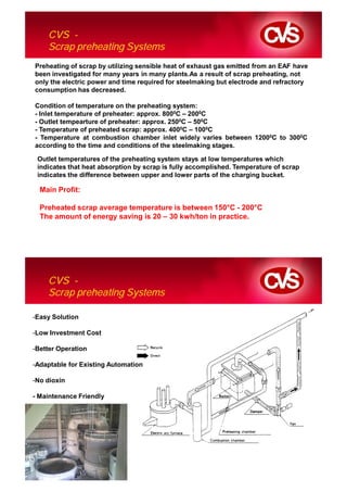 CVS -
    Scrap preheating Systems
Preheating of scrap by utilizing sensible heat of exhaust gas emitted from an EAF have
been investigated for many years in many plants.As a result of scrap preheating, not
only the electric power and time required for steelmaking but electrode and refractory
consumption has decreased.

Condition of temperature on the preheating system:
- Inlet temperature of preheater: approx. 8000C – 2000C
- Outlet tempearture of preheater: approx. 2500C – 500C
- Temperature of preheated scrap: approx. 4000C – 1000C
- Temperature at combustion chamber inlet widely varies between 12000C to 3000C
according to the time and conditions of the steelmaking stages.

 Outlet temperatures of the preheating system stays at low temperatures which
 indicates that heat absorption by scrap is fully accomplished. Temperature of scrap
 indicates the difference between upper and lower parts of the charging bucket.

  Main Profit:

  Preheated scrap average temperature is between 150°C - 200°C
  The amount of energy saving is 20 – 30 kwh/ton in practice.




    CVS -
    Scrap preheating Systems

-Easy Solution

-Low Investment Cost

-Better Operation

-Adaptable for Existing Automation

-No dioxin

- Maintenance Friendly
 