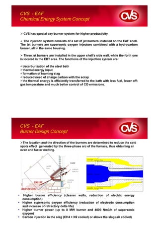 CVS - EAF
    Chemical Energy System Concept


      CVS has special oxy-burner system for higher productivity

      The injection system consists of a set of jet burners installed on the EAF shell.
    The jet burners are supersonic oxygen injectors combined with a hydrocarbon
    burner, all in the same housing.

       Three jet burners are installed in the upper shell’s side wall, while the forth one
    is located in the EBT area. The functions of the injection system are :

     decarburization of the steel bath
     thermal energy input
     formation of foaming slag
     reduced need of charge carbon with the scrap
     the thermal energy is efficiently transferred to the bath with less fuel, lower off-
    gas temperature and much better control of CO emissions.




    CVS - EAF
    Burner Design Concept

     The location and the direction of the burners are determined to reduce the cold
    spots effect generated by the three-phase arc of the furnace, thus obtaining an
    even and faster melting.




•     Higher burner efficiency (cleaner walls, reduction of electric energy
     consumption)
•    Higher supersonic oxygen efficiency (reduction of electrode consumption
     and increase of refractory delta life)
•    Higher burner power (up to 8 MW burner and 4000 Nm3/h of supersonic
     oxygen)
•    Carbon injection in the slag (CH4 + N2 cooled) or above the slag (air cooled)
 