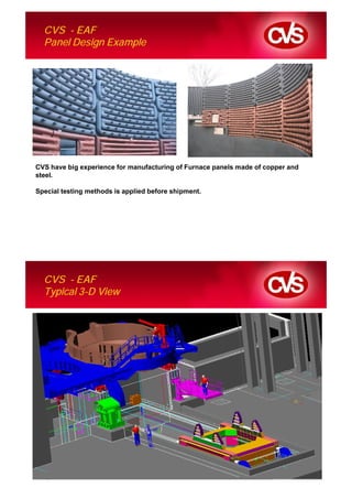 CVS - EAF
  Panel Design Example




CVS have big experience for manufacturing of Furnace panels made of copper and
steel.

Special testing methods is applied before shipment.




  CVS - EAF
  Typical 3-D View
 