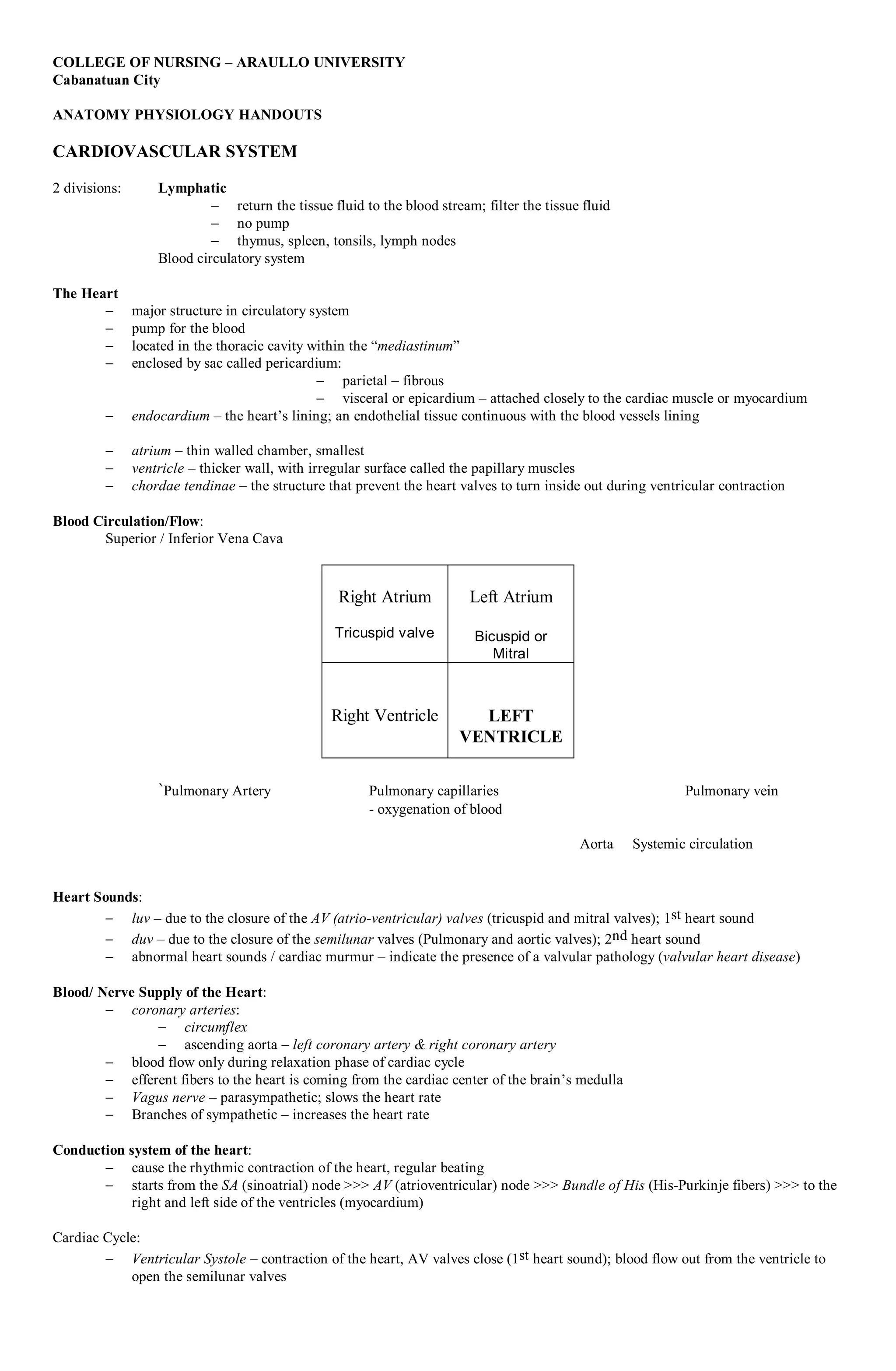 CardioVascular System Handouts