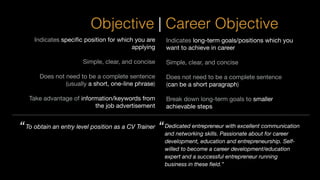 Objective | Career Objective
Indicates speciﬁc position for which you are
applying

Simple, clear, and concise

Does not need to be a complete sentence
(usually a short, one-line phrase)

Take advantage of information/keywords from
the job advertisement
Indicates long-term goals/positions which you
want to achieve in career

Simple, clear, and concise

Does not need to be a complete sentence
(can be a short paragraph)

Break down long-term goals to smaller
achievable steps
To obtain an entry level position as a CV Trainer Dedicated entrepreneur with excellent communication
and networking skills. Passionate about for career
development, education and entrepreneurship. Self-
willed to become a career development/education
expert and a successful entrepreneur running
business in these ﬁeld.”
“ “
 