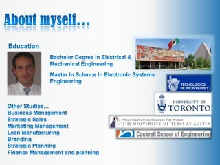 About myself… Education Bachelor Degree in Electrical & Mechanical Engineering Master in Science in Electronic Systems Engineering Other Studies… Business Management Strategic Sales Marketing Management Lean Manufacturing Branding Strategic Planning Finance Management and planning 