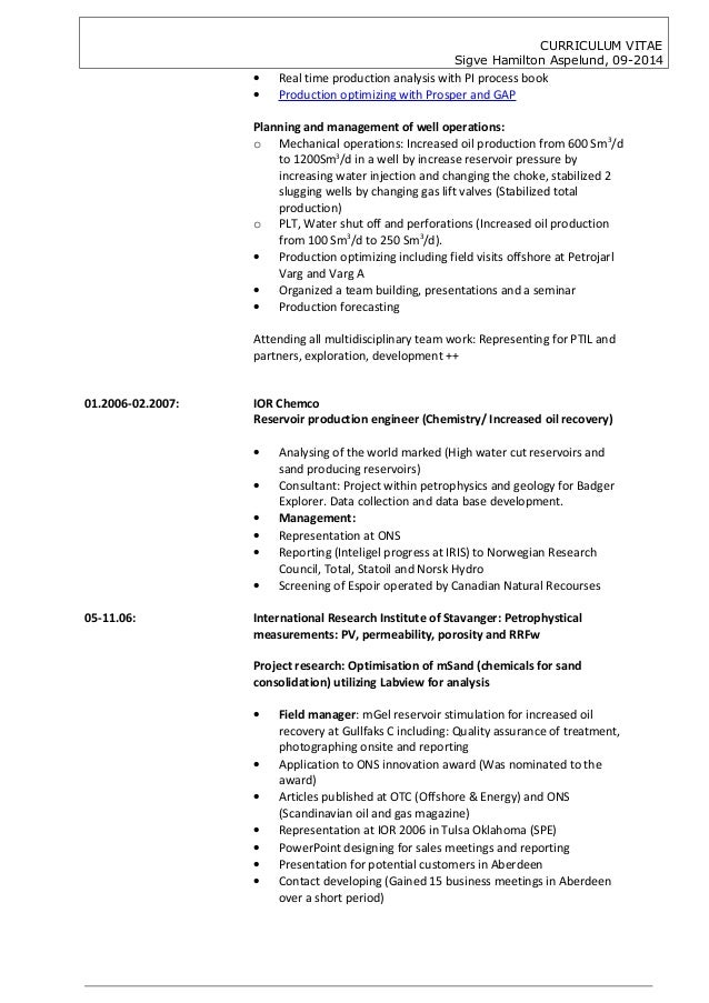 curriculum vitae sles of production engineer cv sigve hamilton aspelund 092014 version petroleum production curriculum vitae sles of production engineer cv sigve hamilton aspelund 092014 version petroleum production