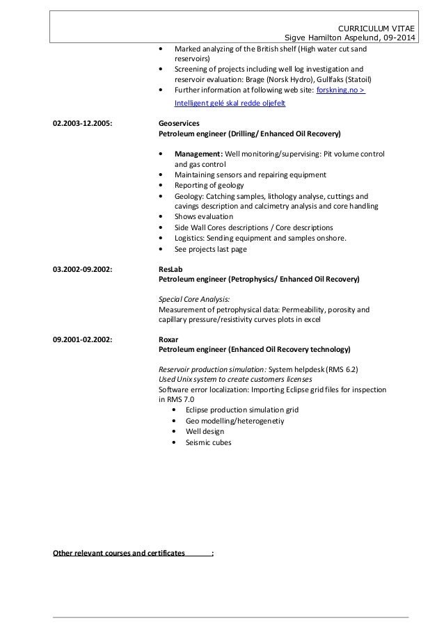 curriculum vitae sles of production engineer cv sigve hamilton aspelund 092014 version petroleum production curriculum vitae sles of production engineer cv sigve hamilton aspelund 092014 version petroleum production