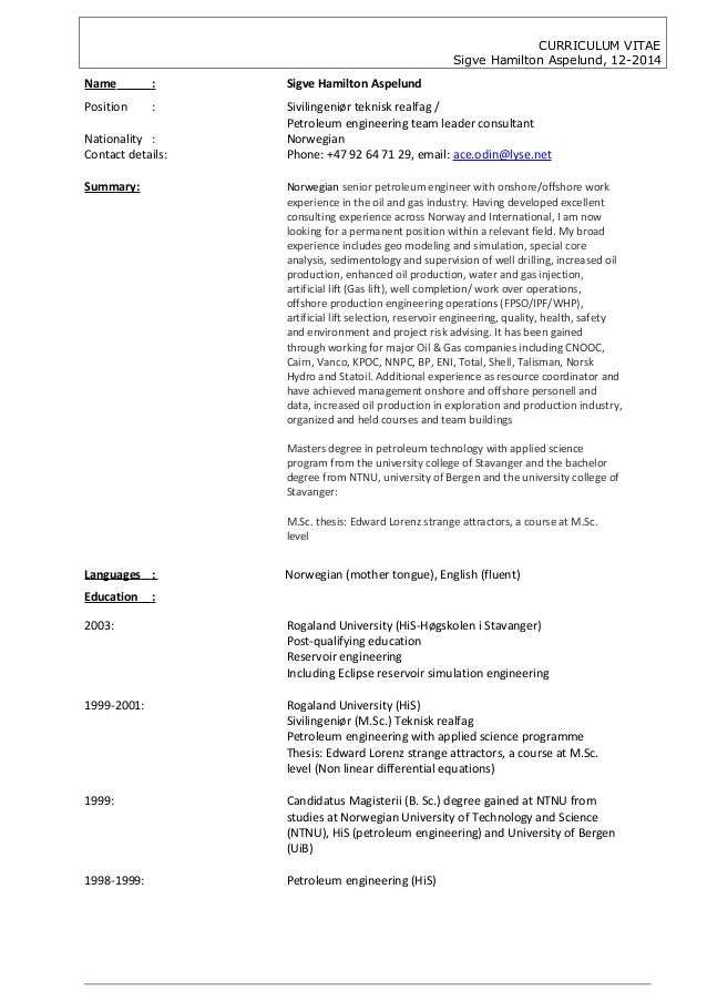 cv sigve hamilton aspelund 122014 petroleum engineering team leader cv for team leader