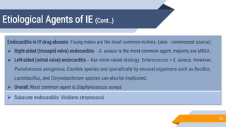 Etiological Agents of IE (Cont..)
13
Endocarditis in IV drug abusers: Young males are the most common victims. (skin - commonest source)
 Right-sided (tricuspid valve) endocarditis—S. aureus is the most common agent, majority are MRSA.
 Left-sided (mitral valve) endocarditis—has more varied etiology. Enterococcus > S. aureus. However,
Pseudomonas aeruginosa, Candida species and sporadically by unusual organisms such as Bacillus,
Lactobacillus, and Corynebacterium species can also be implicated.
 Overall: Most common agent is Staphylococcus aureus
 Subacute endocarditis: Viridians streptococci
 