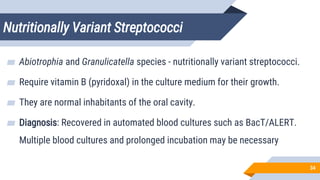 Nutritionally Variant Streptococci
34
▰ Abiotrophia and Granulicatella species - nutritionally variant streptococci.
▰ Require vitamin B (pyridoxal) in the culture medium for their growth.
▰ They are normal inhabitants of the oral cavity.
▰ Diagnosis: Recovered in automated blood cultures such as BacT/ALERT.
Multiple blood cultures and prolonged incubation may be necessary
 
