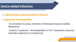 Device-related Infections
50
▰ CRBSI (Catheter-related Blood Stream Infection)
▰ Suppurative Thrombophlebitis
o IV cannulation (S.aureus, members of Enterobacteriaceae, Candida,
Malassezia)
o Lemierre’s syndrome – thrombophlebitis of IJV + bacteremia caused by
anaerobic organisms (F.necrophorum)
 