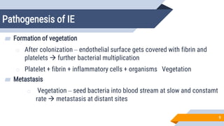 Pathogenesis of IE
9
▰ Formation of vegetation
o After colonization – endothelial surface gets covered with fibrin and
platelets  further bacterial multiplication
o Platelet + fibrin + inflammatory cells + organisms = Vegetation
▰ Metastasis
o Vegetation – seed bacteria into blood stream at slow and constamt
rate  metastasis at distant sites
 
