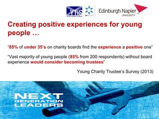 Creating positive experiences for young
people …
“85% of under 35’s on charity boards find the experience a positive one”
...