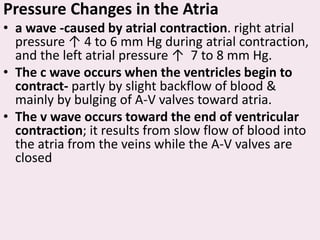 Pressure Changes in the Atria
• a wave -caused by atrial contraction. right atrial
pressure ↑ 4 to 6 mm Hg during atrial contraction,
and the left atrial pressure ↑ 7 to 8 mm Hg.
• The c wave occurs when the ventricles begin to
contract- partly by slight backflow of blood &
mainly by bulging of A-V valves toward atria.
• The v wave occurs toward the end of ventricular
contraction; it results from slow flow of blood into
the atria from the veins while the A-V valves are
closed
 