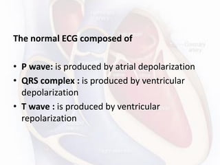 The normal ECG composed of
• P wave: is produced by atrial depolarization
• QRS complex : is produced by ventricular
depolarization
• T wave : is produced by ventricular
repolarization
 