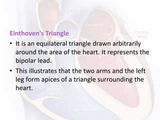 Einthoven's Triangle
• It is an equilateral triangle drawn arbitrarily
around the area of the heart. It represents the
bipolar lead.
• This illustrates that the two arms and the left
leg form apices of a triangle surrounding the
heart.
 