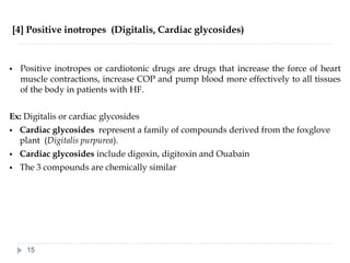 [4] Positive inotropes (Digitalis, Cardiac glycosides)
▪ Positive inotropes or cardiotonic drugs are drugs that increase the force of heart
muscle contractions, increase COP and pump blood more effectively to all tissues
of the body in patients with HF.
Ex: Digitalis or cardiac glycosides
▪ Cardiac glycosides represent a family of compounds derived from the foxglove
plant (Digitalis purpurea).
▪ Cardiac glycosides include digoxin, digitoxin and Ouabain
▪ The 3 compounds are chemically similar
15
 