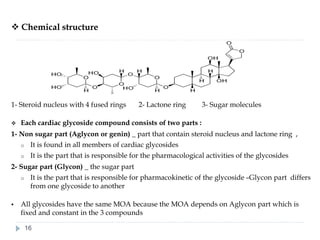 ❖ Chemical structure
16
1- Steroid nucleus with 4 fused rings 2- Lactone ring 3- Sugar molecules
❖ Each cardiac glycoside compound consists of two parts :
1- Non sugar part (Aglycon or genin) _ part that contain steroid nucleus and lactone ring ,
o It is found in all members of cardiac glycosides
o It is the part that is responsible for the pharmacological activities of the glycosides
2- Sugar part (Glycon) _ the sugar part
o It is the part that is responsible for pharmacokinetic of the glycoside –Glycon part differs
from one glycoside to another
▪ All glycosides have the same MOA because the MOA depends on Aglycon part which is
fixed and constant in the 3 compounds
 
