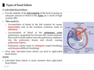 █ Types of heart failure
1- Left-sided heart failure:
▪ It is the inability of the left ventricle of the heart to pump an
adequate amount of blood to the Aorta (as a result of high
systemic BP).
▪ This result in ,
o Accumulation of blood in the left ventricle So causes
hypertrophy and, as the condition continues, leads to
dilatation.
o Accumulation of blood in the pulmonary veins
(pulmonary congestion) So increases the venous pressure
that result in fluid outflow from the pulmonary capillaries
into the pulmonary tissues and alveoli, causing
pulmonary edema.
o Pulmonary edema leads to tachypnea (rapid breathing)
and dyspnea (difficult breathing).
▪ Over time, left-sided heart failure can lead to right-sided
heart failure.
NOTE
▪ Left-sided heart failure is more common than right-sided
heart failure.
3
 