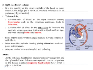 2- Right-sided heart failure:
▪ It is the inability of the right ventricle of the heart to pump
blood to the lungs (as a result of too weak ventricular M or
pulmonary hypertension).
▪ This result in ,
o Accumulation of blood in the right ventricle causing
hypertrophy and, as the condition continues, leads to
dilatation.
o Accumulation of blood in the vena cava So increases the
systemic venous pressure that result in fluid outflow from
the veins causing edema and ascites.
▪ Some organs like liver are enlarged because they are congested
with blood.
▪ Some areas like the limbs develop pitting edema because fluid
pools in these areas.
▪ Also, neck veins become distended and pulsating
NOTE
▪ As the left-sided heart failure causes pulmonary congestion and
the right-sided heart failure causes systemic venous congestion,
so the disease is called congestive heart failure (CHF) when it
affects both sides
5
 