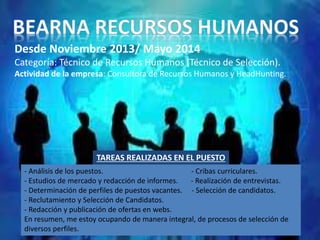 Desde Noviembre 2013/ Mayo 2014 
Categoría: Técnico de Recursos Humanos (Técnico de Selección). 
Actividad de la empresa: Consultora de Recursos Humanos y HeadHunting. 
TAREAS REALIZADAS EN EL PUESTO 
- Análisis de los puestos. - Cribas curriculares. 
- Estudios de mercado y redacción de informes. - Realización de entrevistas. 
- Determinación de perfiles de puestos vacantes. - Selección de candidatos. 
- Reclutamiento y Selección de Candidatos. 
- Redacción y publicación de ofertas en webs. 
En resumen, me estoy ocupando de manera integral, de procesos de selección de 
diversos perfiles. 
 