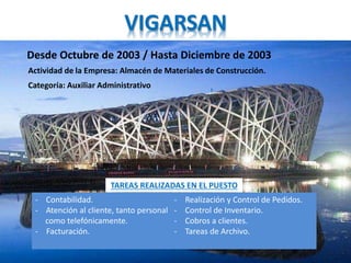 VIGARSAN 
Desde Octubre de 2003 / Hasta Diciembre de 2003 
Actividad de la Empresa: Almacén de Materiales de Construcción. 
Categoría: Auxiliar Administrativo 
TAREAS REALIZADAS EN EL PUESTO 
- Contabilidad. 
- Atención al cliente, tanto personal 
como telefónicamente. 
- Facturación. 
- Realización y Control de Pedidos. 
- Control de Inventario. 
- Cobros a clientes. 
- Tareas de Archivo. 
 
