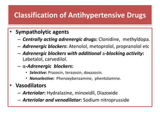 • Sympatholytic agents
– Centrally acting adrenergic drugs: Clonidine, methyldopa.
– Adrenergic blockers: Atenolol, metopr...