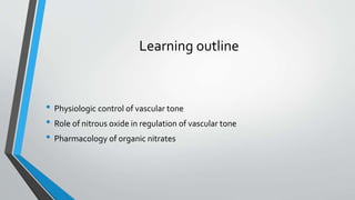 Learning outline
• Physiologic control of vascular tone
• Role of nitrous oxide in regulation of vascular tone
• Pharmacology of organic nitrates
 