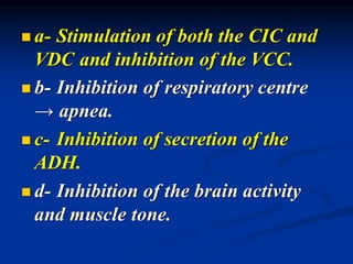 ◼ a- Stimulation of both the CIC and
VDC and inhibition of the VCC.
◼ b- Inhibition of respiratory centre
→ apnea.
◼ c- Inhibition of secretion of the
ADH.
◼ d- Inhibition of the brain activity
and muscle tone.
 