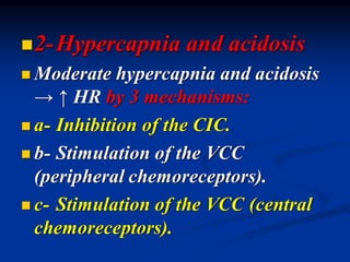 ◼2-Hypercapnia and acidosis
◼ Moderate hypercapnia and acidosis
→ ↑ HR by 3 mechanisms:
◼ a- Inhibition of the CIC.
◼ b- Stimulation of the VCC
(peripheral chemoreceptors).
◼ c- Stimulation of the VCC (central
chemoreceptors).
 