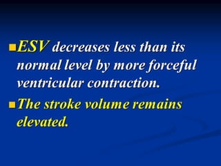 ◼ESV decreases less than its
normal level by more forceful
ventricular contraction.
◼The stroke volume remains
elevated.
 