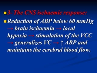 ◼3- The CNS ischaemic response:
◼Reduction of ABP below 60 mmHg
→ brain ischaemia → local
hypoxia → stimulation of the VCC
→ generalizes VC → ↑ ABP and
maintains the cerebral blood flow.
 