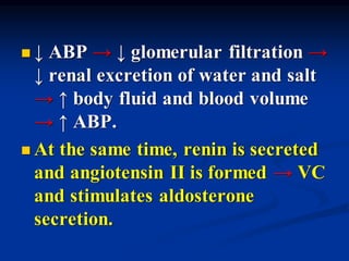 ◼ ↓ ABP → ↓ glomerular filtration →
↓ renal excretion of water and salt
→ ↑ body fluid and blood volume
→ ↑ ABP.
◼ At the same time, renin is secreted
and angiotensin II is formed → VC
and stimulates aldosterone
secretion.
 