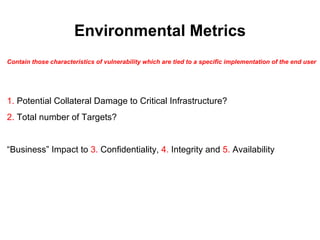 Environmental Metrics
Contain those characteristics of vulnerability which are tied to a specific implementation of the end user




1. Potential Collateral Damage to Critical Infrastructure?
2. Total number of Targets?


“Business” Impact to 3. Confidentiality, 4. Integrity and 5. Availability
 