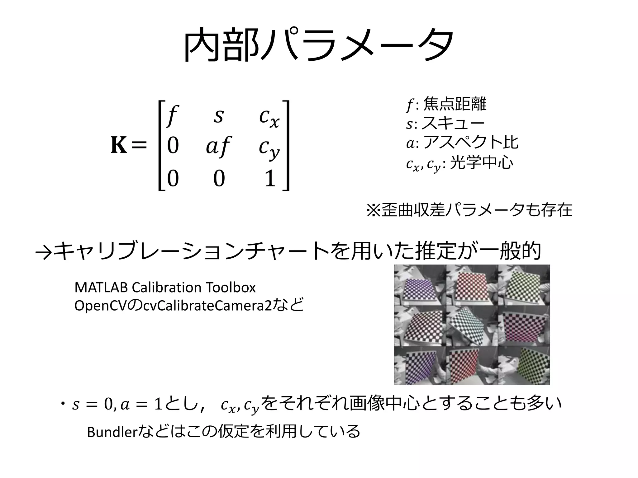 内部パラメータ
𝑓: 焦点距離
𝑠: スキュー
𝑎: アスペクト比
𝑐 𝑥, 𝑐 𝑦: 光学中心
𝐊＝
𝑓 𝑠 𝑐 𝑥
0 𝑎𝑓 𝑐 𝑦
0 0 1
※歪曲収差パラメータも存在
→キャリブレーションチャートを用いた推定が一般的
MATLAB Calibration Toolbox
OpenCVのcvCalibrateCamera2など
・𝑠 = 0, 𝑎 = 1とし， 𝑐 𝑥, 𝑐 𝑦をそれぞれ画像中心とすることも多い
Bundlerなどはこの仮定を利用している
 