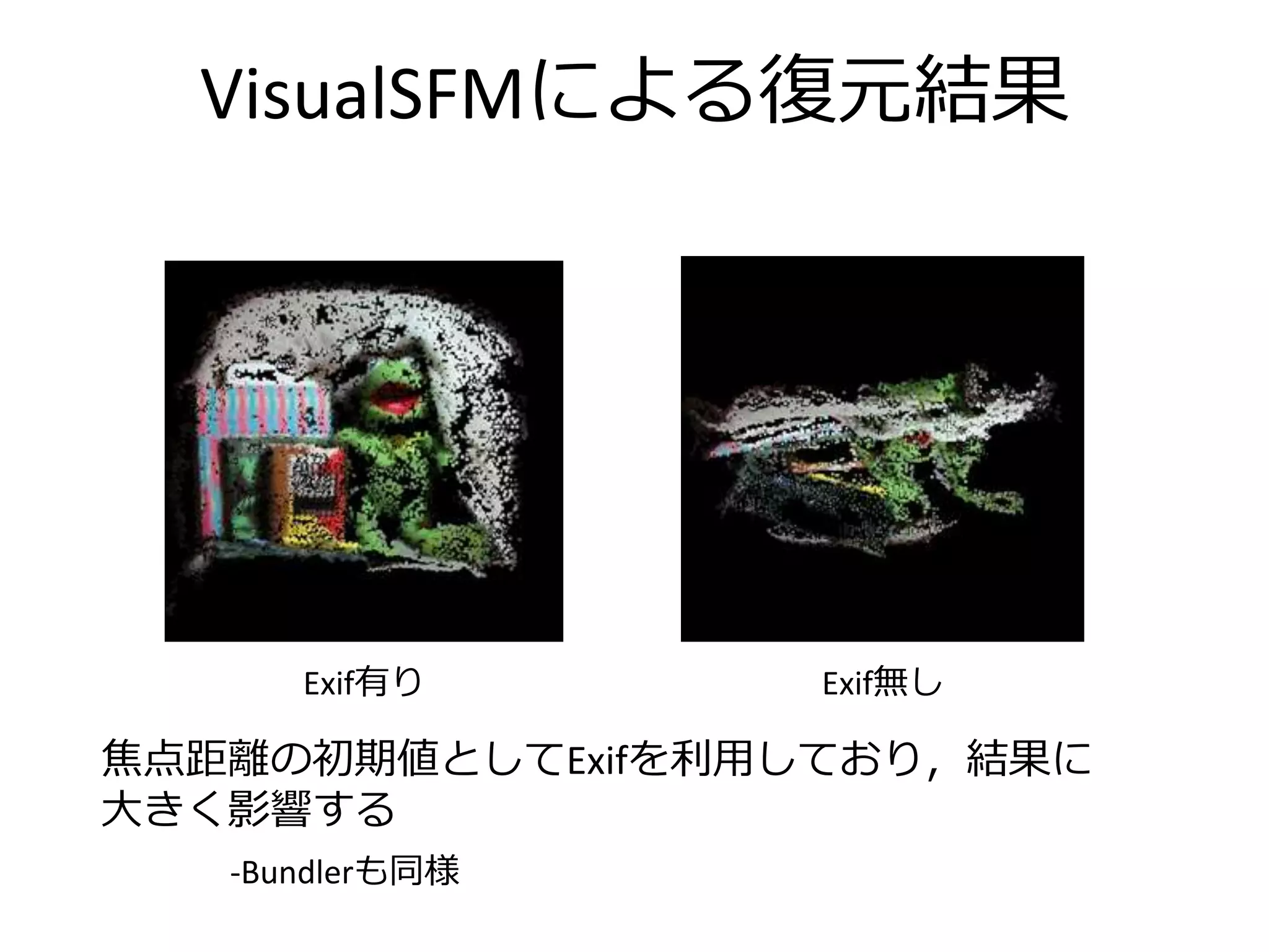 VisualSFMによる復元結果
Exif有り Exif無し
焦点距離の初期値としてExifを利用しており，結果に
大きく影響する
-Bundlerも同様
 