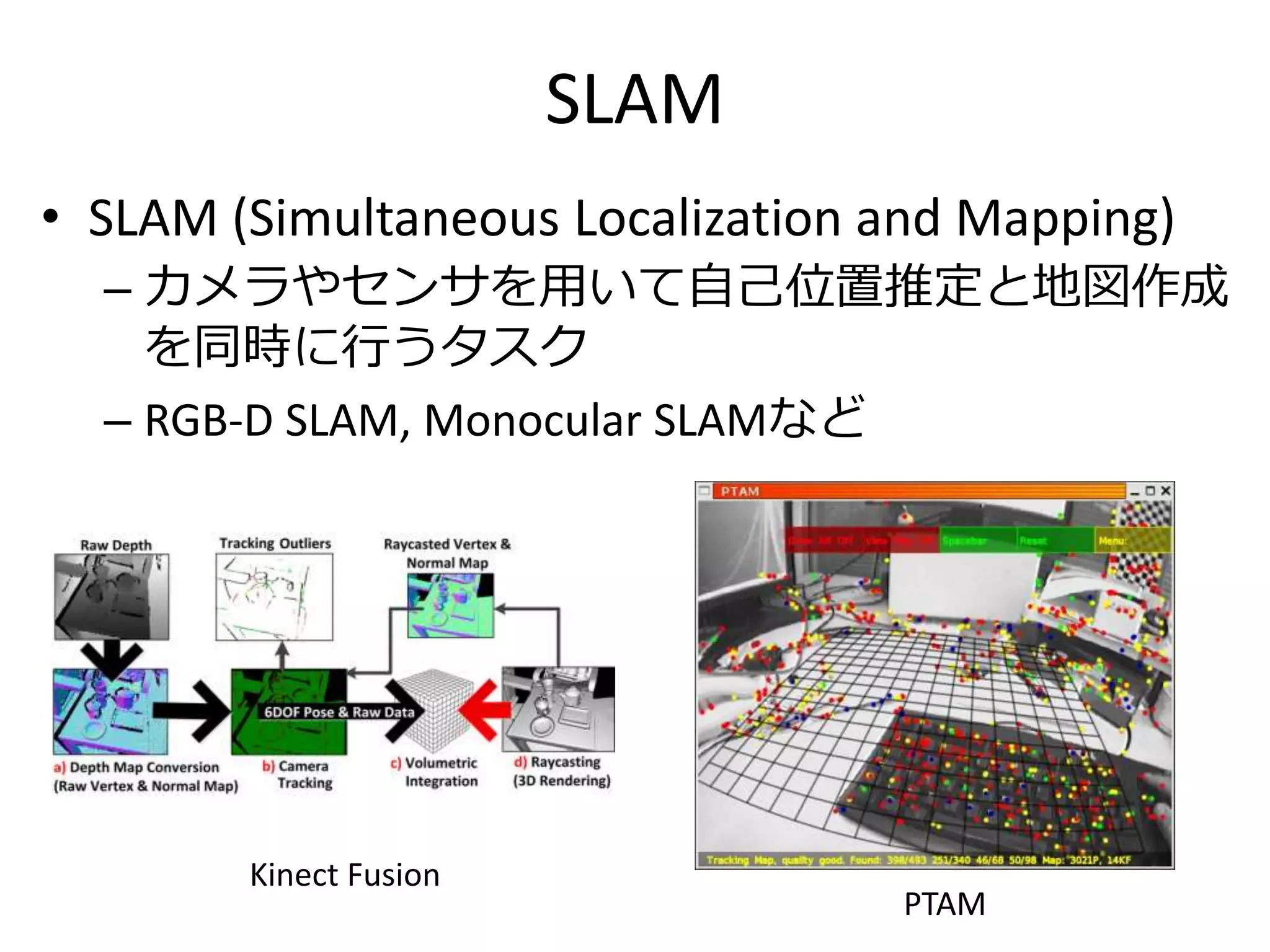 SLAM
• SLAM (Simultaneous Localization and Mapping)
– カメラやセンサを用いて自己位置推定と地図作成
を同時に行うタスク
– RGB-D SLAM, Monocular SLAMなど
Kinect Fusion
PTAM
 