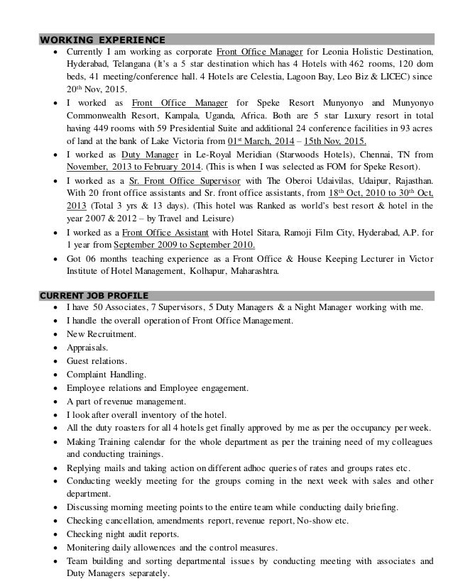 hotel management resumes