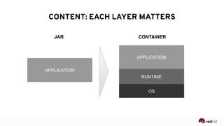 4
● Are there known vulnerabilities in
the application layer?
● Are the runtime and OS layers up
to date?
● How frequently will the container
be updated and how will I know
when it’s updated?
CONTENT: EACH LAYER MATTERS
CONTAINER
OS
RUNTIME
APPLICATION
CONTENT: EACH LAYER MATTERS
AYER MATTERS
CONTAINER
OS
RUNTIME
APPLICATION
JAR CONTAINER
 