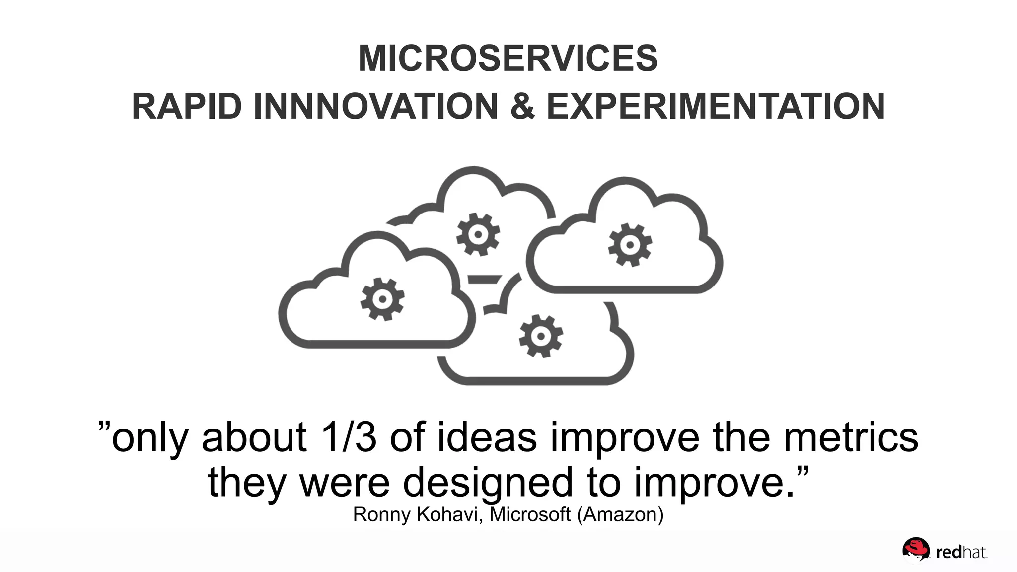 ”only about 1/3 of ideas improve the metrics  
they were designed to improve.” 
Ronny Kohavi, Microsoft (Amazon)
MICROSERVICES
RAPID INNNOVATION & EXPERIMENTATION
 