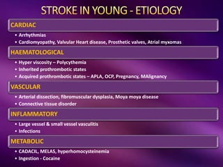 CARDIAC
• Arrhythmias
• Cardiomyopathy, Valvular Heart disease, Prosthetic valves, Atrial myxomas
HAEMATOLOGICAL
• Hyper viscosity – Polycythemia
• Inherited prothrombotic states
• Acquired prothrombotic states – APLA, OCP, Pregnancy, MAlignancy
VASCULAR
• Arterial dissection, fibromuscular dysplasia, Moya moya disease
• Connective tissue disorder
INFLAMMATORY
• Large vessel & small vessel vasculitis
• Infections
METABOLIC
• CADACIL, MELAS, hyperhomocysteinemia
• Ingestion - Cocaine
 