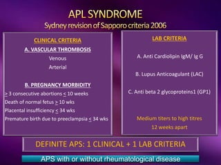 • CLINICAL CRITERIA
A. VASCULAR THROMBOSIS
Venous
Arterial
B. PREGNANCY MORBIDITY
> 3 consecutive abortions < 10 weeks
Death of normal fetus > 10 wks
Placental insufficiency < 34 wks
Premature birth due to preeclampsia < 34 wks
LAB CRITERIA
A. Anti Cardiolipin IgM/ Ig G
B. Lupus Anticoagulant (LAC)
C. Anti beta 2 glycoproteins1 (GP1)
Medium titers to high titres
12 weeks apart
DEFINITE APS: 1 CLINICAL + 1 LAB CRITERIA
APS with or without rheumatological disease
 