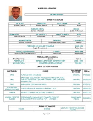 CURRICULUM VITAE
Página 1 de 49
DATOS PERSONALES
PALACIOS GUERRERO CRUZ CESAR 38
Apellido Paterno Apellido Materno Nombre(s) Edad
INGENIERO CIVIL 4448229
Carrera / Profesión Cedula Profesional
ARMADILLO MZA 5 LOTE 7 FRACC POMOCA 86245
Dirección actual Numero Ext. Colonia C.P.
VILLAHERMOSA TABASCO 9 93-1-96-03-22
Localidad (municipio) Entidad federativa (Estado) Teléfono
POZA RICA DE HIDALGO VERACRUZ 03-05-1979
Lugar de nacimiento Fecha Nac.
cesarpg_77@hotmail.com CASADO MEXICANA
Dirección de correo electrónico Estado civil Nacionalidad
PREPARACIÓNACADÉMICA
Nivel Académico Escuela Periodo
POSTGRADO ESPECIALIZACIÓN EN CONSTRUCCIÓN 2002 - 2003
LICENCIATURA UNIVERSIDAD VERACRUZANA 1996-2001
OTROS ESTUDIOS/ CURSOS
INSTITUCIÓN CURSO
DOCUMENTO
OBTENIDO
FECHA
CMIC AUTOCAD 2000 AVANZADO DIPLOMA 17/08/2001
CMIC
BÁSICO DE SEGURIDAD Y PROTECCIÓN AMBIENTAL PARA
CONTRATISTAS QUE LABORAN EN PEMEX EXPLORACIÓN Y
PRODUCCIÓN
DIPLOMA 05/06/2002
CMIC ANÁLISIS DE PRECIOS UNITARIOS DIPLOMA 27/07/2002
SOLUCIONES
ADMINISTRATIVAS
CURSO BÁSICO DE MICROSOFT PROJECT 2010 DIPLOMA 28/02/2014
CINMEX INTRODUCCIÓN AL ANEXO SSPA DE PEMEX DIPLOMA 31/10/2014
AVANZA PROJECT
SUCCES
PREPARACIÓN PARA LA CERTIFICACIÓN PROJECT
MANAGEMENT PROFESIONAL-PMP (40 PDUS )
CONSTANCIA
(PDUS)
30/06/2015
IDIOMA EXTRANJERO
INGLÉS BASICO
LECTURA Y COMPRENSION DE
TEXTOS
INGENIERO CIVIL
 