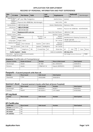 .01
APPLICATION FOR EMPLOYMENT
RECORD OF PERSONAL INFORMATION AND PAST EXPERIENCE
Ran
k
Ch Mate First Name Tahir
Last
Name
Kapisazovic
Nationalit
y
Montenegro
Date & Place
of Birth:
30th
July 1966. Podgorica Marital Status: Married
Present
Address:
Popovici bb, 85000 Bar, Montenegro Next of Kin: Wife
Home phone: +382 30 344 240 Name / Relationship: Dzenana / Wife
cell phone: +382 69 594 060
Address: Popovici bb, 85000 Bar - MONTENEGRO
Fax: +382 30 344 240
Email: tkapisazovic@t-com.me Next of kin Cell Phone : +382 69 611 380
Father’s name Seko Mother’s name: Garajfila
Nearest
Airport:
Podgorica
Km from
Airport:
50
Present
Employer:
Mediterranean Shipping Company SA
Languages: English, Italian Tel + email:
+39 081 5321530
cmilano@mscsorrento.com
Medical Certificate
issued:
Dom Zdravlja Expired: 03/11/2016.
Previous
Employer:
-
Any visa issued: USA- C1/D Expired: 20/08/2016. Tel + email:
Weight(kg
)
91 Height(cm) 186 Coverall Size: 62 Shoes Size: 43 Hair:
Bro
wn
Eyes: Brown
Position Applied: Master Date of availability: 25th May 2016
Education: high/secondary school (4 years) ,
Nautical college (4 years)
Last wage (inclusive of leave pay): 7200€
Licence (Certificate of Competency)
Licence Country Grade of Licence Number Place & Date Issued Date Expired
Montenegro Master 02-1822 Bar, 23/04/2010. 23/04/2015.
Panama Master CTB401451 NI Napoli, 20/09/2010. 23/04/2015.
Passports – If several passports write them all.
Number Place Issued Date Issued Date Expired
P94AF0909 PJ Bar 29/05/2008. 29/05/2018.
Seaman’s Book - If several seaman’s books write them all (even if expired)
Country Place Issued Date Issued Number Date Expired
Montenegro Bar 04/03/2011. 85/2011 04/03/2021.
Panama Napoli 09/10/2015. CTC134422 07/05/2020.
DP Log Book
Country Place Issued Date Issued Number Date Expired
NA
DP Certificates
Certificates Place Issued Date Issued Number Date Expired
DP Basic (induction) NA
DP Advanced NA
DP Limited NA
DP unlimited NA
Application Form Page 1 of 4
 
