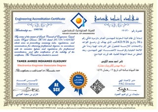 This certification is valid until: 02 Ramadan 1438
190730
TAMER AHMED MOHAMED ELKOUMY
Electronics Engineer Associate Degree
 