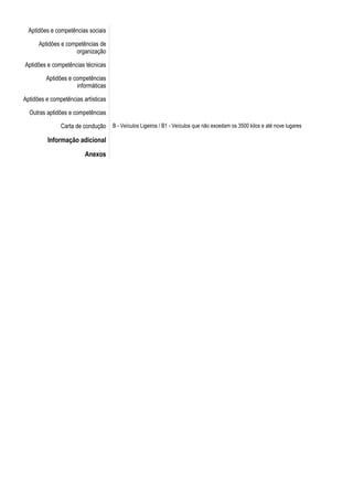 Aptidões e competências sociais

      Aptidões e competências de
                    organização

Aptidões e competências técnicas

         Aptidões e competências
                     informáticas

Aptidões e competências artísticas

  Outras aptidões e competências

               Carta de condução     B - Veículos Ligeiros / B1 - Veículos que não excedam os 3500 kilos e até nove lugares

          Informação adicional
                         Anexos
 