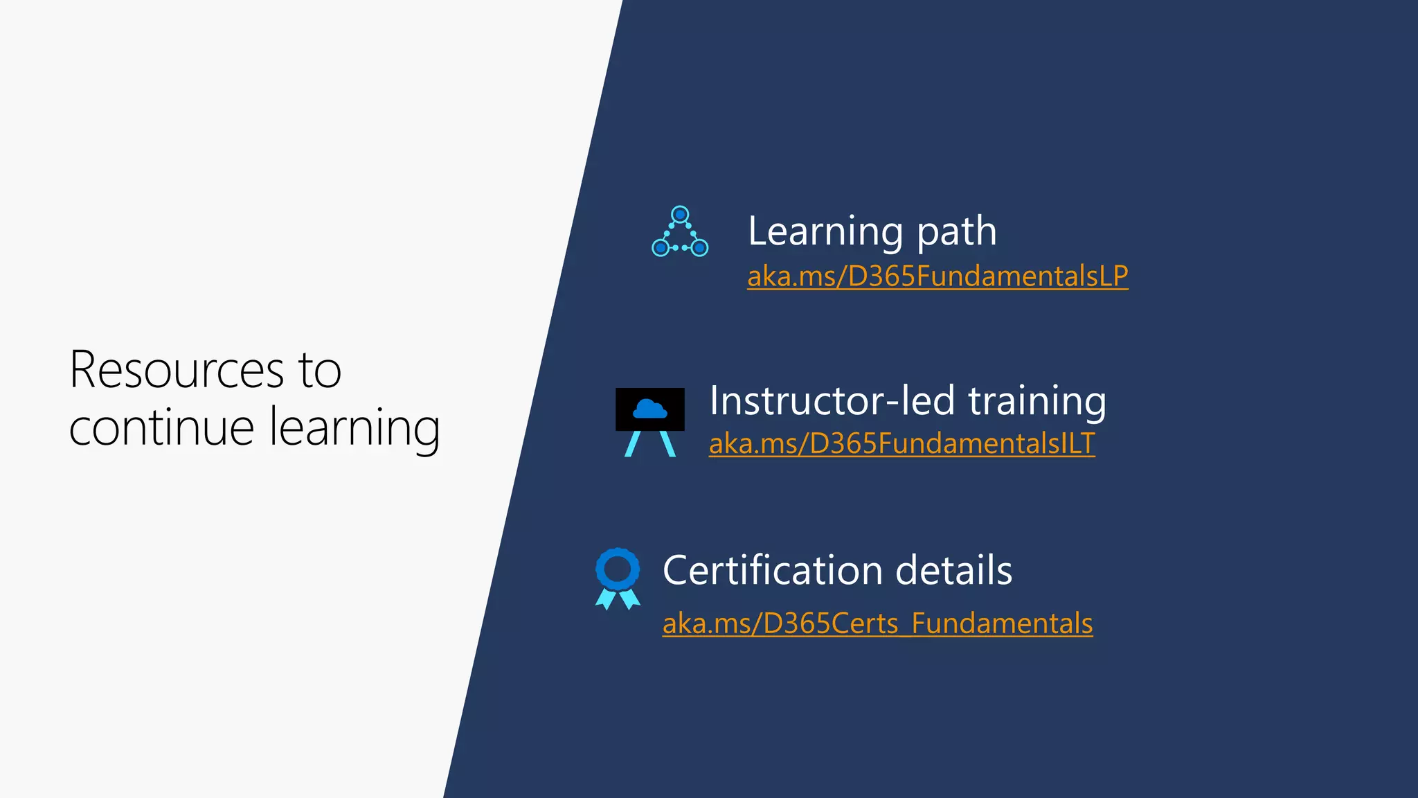 Resources to
continue learning
Learning path
aka.ms/D365FundamentalsLP
Certification details
aka.ms/D365Certs_Fundamentals
Instructor-led training
aka.ms/D365FundamentalsILT
 