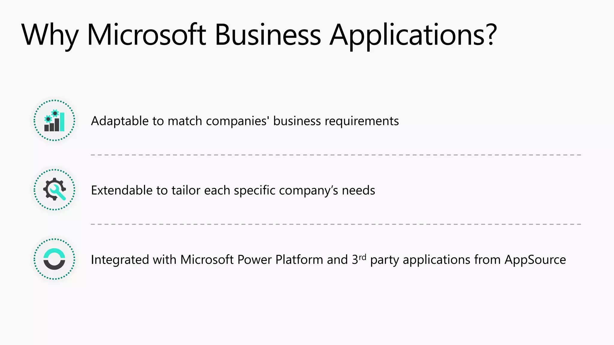 Adaptable to match companies' business requirements
Extendable to tailor each specific company’s needs
Integrated with Microsoft Power Platform and 3rd party applications from AppSource
 