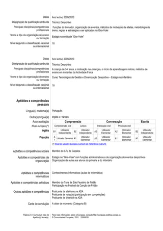Datas      Ano lectivo 2009/2010
 Designação da qualificação atribuída           Técnico Desportivo
   Principais disciplinas/competências           Funções do treinador, organização de eventos, métodos de motivação de atletas, metodologia de
                           profissionais        treino, regras e estratégias a ser aplicadas no Gira-Volei
Nome e tipo da organização de ensino
                                                Estágio na entidade “Gira-Volei”
                        ou formação
Nível segundo a classificação nacional          19
                      ou internacional



                                     Datas      Ano lectivo 2009/2010
 Designação da qualificação atribuída           Técnico Desportivo
   Principais disciplinas/competências          A criança de 3-4 anos, a motivação nas crianças, o início da aprendizagem motora, métodos de
                           profissionais        ensino em iniciantes da Actividade Física
Nome e tipo da organização de ensino            Curso Tecnológico de Gestão e Dinamização Desportiva – Estágio no infantário
                        ou formação
Nível segundo a classificação nacional          19
                      ou internacional



     Aptidões e competências
                    pessoais
                Língua(s) materna(s)            Português

                    Outra(s) língua(s)          Inglês e Francês
                      Auto-avaliação                           Compreensão                                       Conversação                           Escrita
                       Nível europeu (*)          Compreensão oral               Leitura               Interacção oral          Produção oral
                                    Inglês               Utilizador               Utilizador               Utilizador                Utilizador          Utilizador
                                                 B1                       B2                      A2                       A2                     B2
                                                       Independente             Independente               Elementar                 Elementar         Independente
                                 Francês          A                               Utilizador               Utilizador                Utilizador         Utilizador
                                                    Utilizador Elementar A1                       A1                       A1                     A1
                                                  1                               Elementar                Elementar                 Elementar          Elementar
                                                (*) Nível do Quadro Europeu Comum de Referência (CECR)


  Aptidões e competências sociais               Membro do ATL de Cepelos

       Aptidões e competências de               Estágio no “Gira-Volei” com funções administrativas e de organização de eventos desportivos
                     organização                Organização de aulas aos alunos da primária e do infantário



          Aptidões e competências               Conhecimentos informáticos (aulas de informática)
                      informáticas

Aptidões e competências artísticas              Membro da Tuna de São Faustino de Fridão
                                                Participação no Festival da Canção de Fridão

   Outras aptidões e competências               Praticante de atletismo na ADA
                                                Praticante de natação (participação em competições)
                                                Praticante de Voleibol na ADA

                  Carta de condução             A obter de momento (Categoria B)



             Página 2/ 3- Curriculum vitae de   Para mais informações sobre o Europass, consulte http://europass.cedefop.europa.eu
                         Apelido(s) Nome(s)     © Comunidades Europeias, 2003 20060628
 