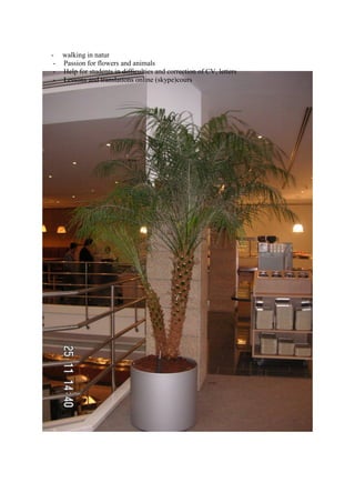 - walking in natur
 - Passion for flowers and animals
 - Help for students in difficulties and correction of CV, letters
 - Lessons and translations online (skype)cours
 