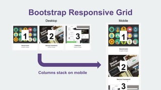 Bootstrap Responsive Grid
1 2 3 1
2
3
Desktop Mobile
Columns stack on mobile
 