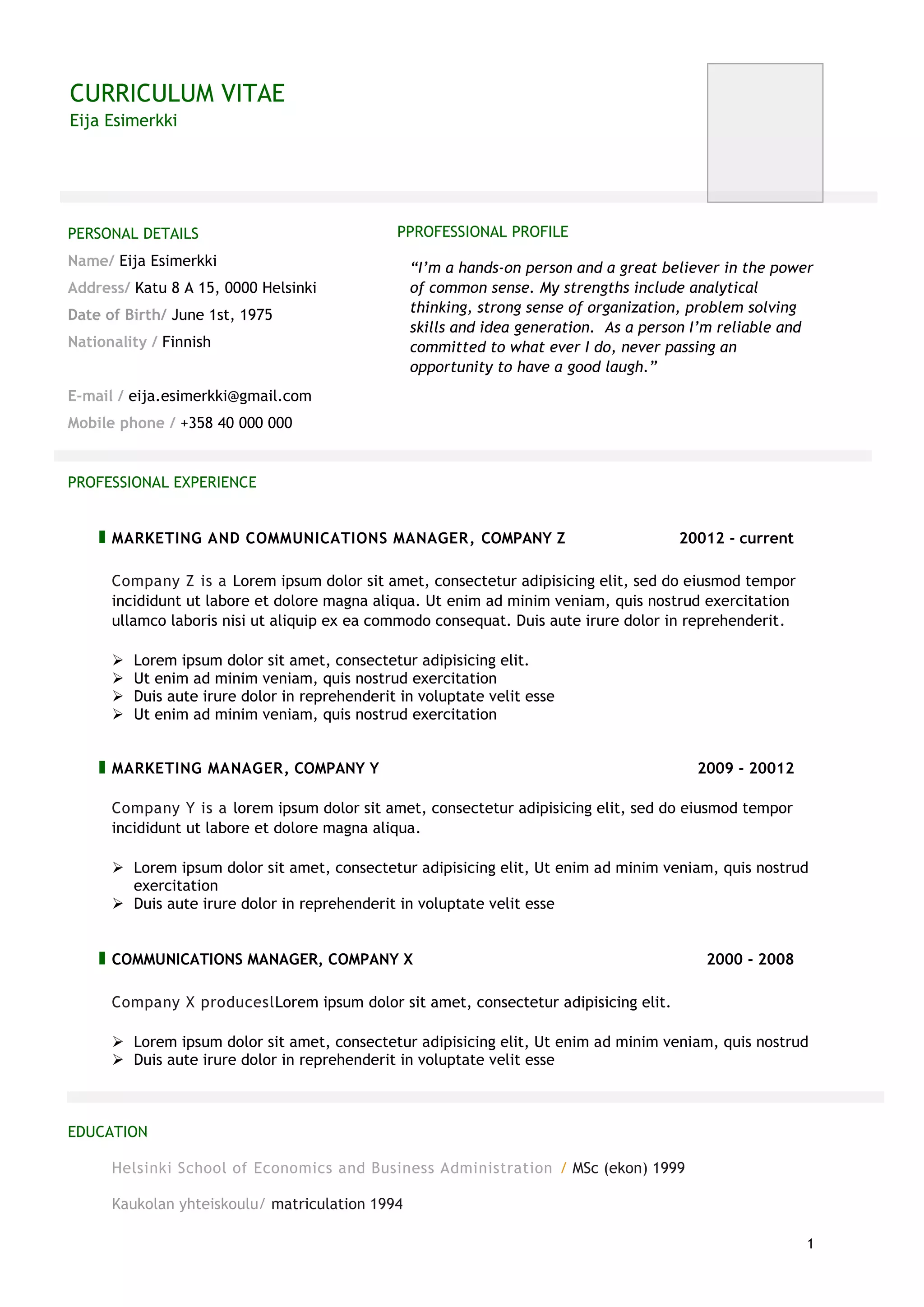 Esimerkki Tyylitelty CV PDF Business Administration Business