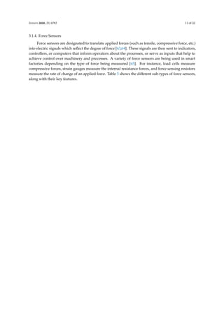 Sensors 2020, 20, 6783 11 of 22
3.1.4. Force Sensors
Force sensors are designated to translate applied forces (such as tensile, compressive force, etc.)
into electric signals which reflect the degree of force [63,64]. These signals are then sent to indicators,
controllers, or computers that inform operators about the processes, or serve as inputs that help to
achieve control over machinery and processes. A variety of force sensors are being used in smart
factories depending on the type of force being measured [65]. For instance, load cells measure
compressive forces, strain gauges measure the internal resistance forces, and force sensing resistors
measure the rate of change of an applied force. Table 5 shows the different sub-types of force sensors,
along with their key features.
 